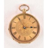 An 18ct yellow gold key wind open face pocket watch with numerals to the dial, cased, with base