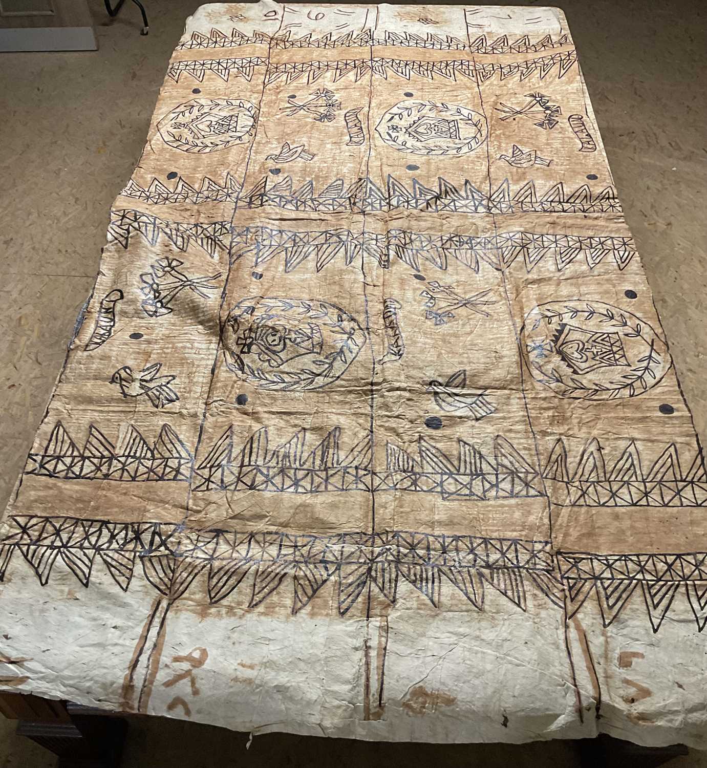 A large Maori tapa cloth inscribed four times 'Kalauni' and decorated with stylised motifs of a