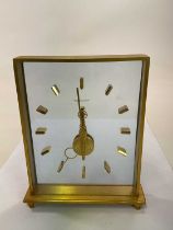 JAEGER LECOULTRE; a 1960s perspex and lacquered brass skeleton clock, signed to the dial, height