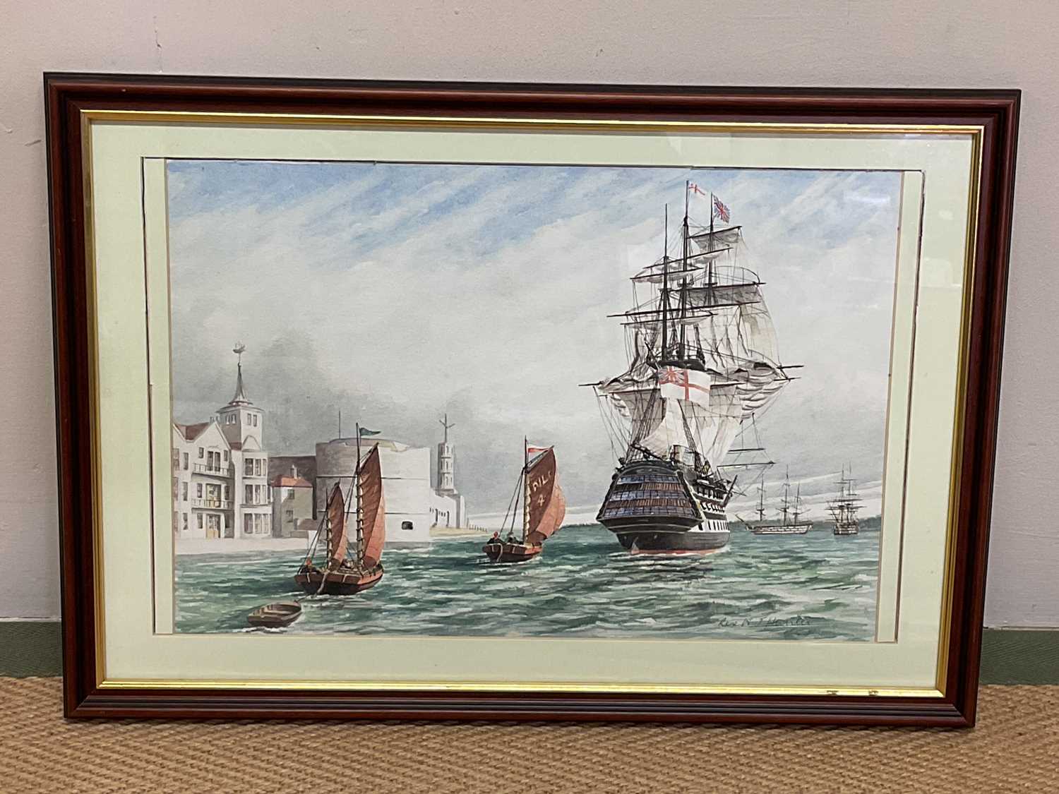 REX HUNTER; watercolour, masted vessel approaching harbour, signed, 28.5 x 41.4cm, and a Mark - Image 2 of 4