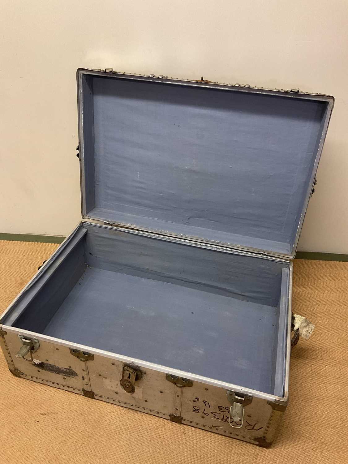 Aluminium travelling trunk with rivet detailing, height 37cm, width 93cm, depth 61cm. - Image 2 of 3