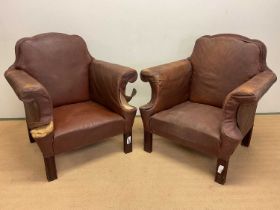 A pair of early 20th century Swedish leather upholstered armchairs, height 99cm at the back, width