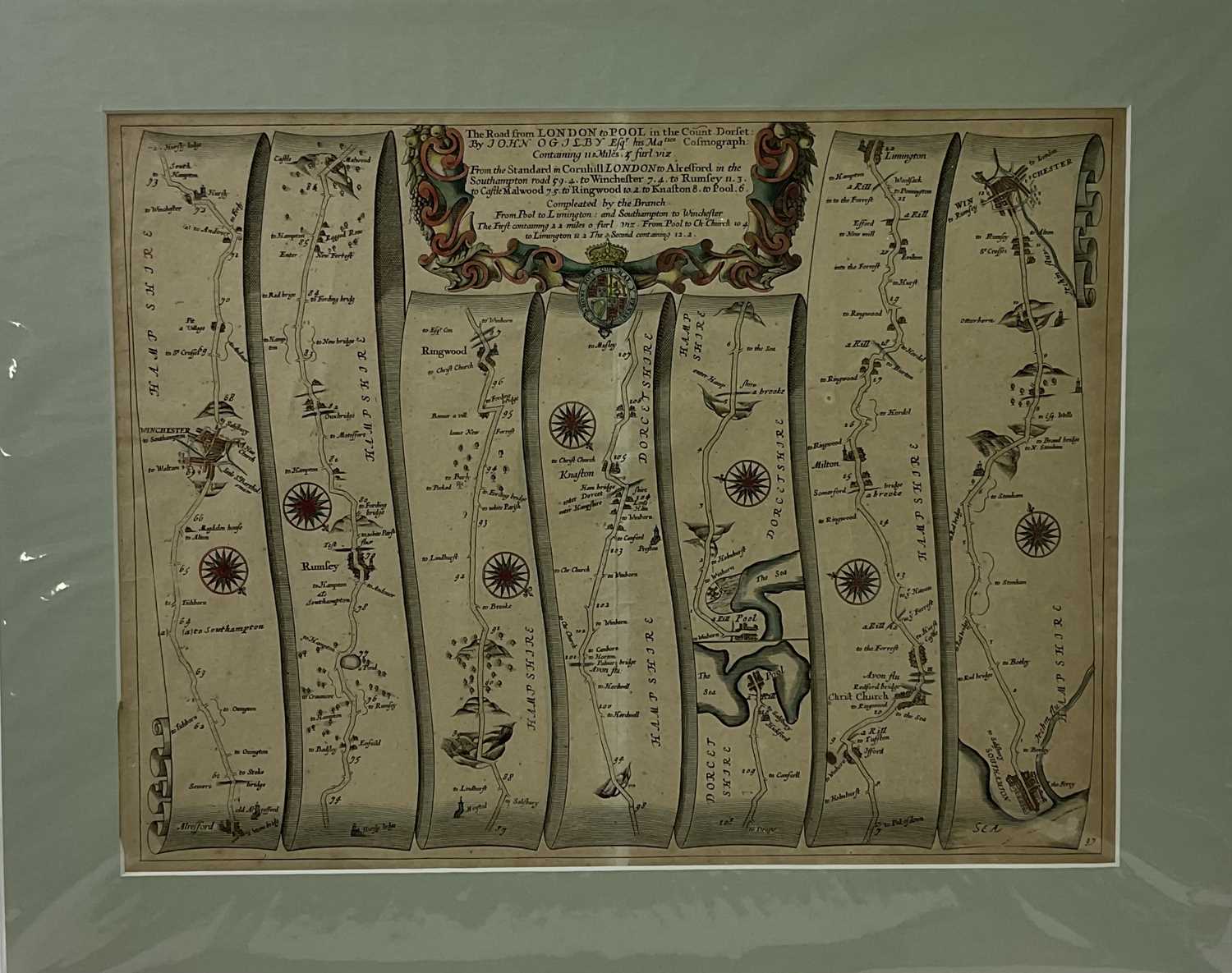 JOHN OGILBY (1600-1676), 'The Road from London to Pool, in the County of Dorset', coloured, 34 x - Image 2 of 2