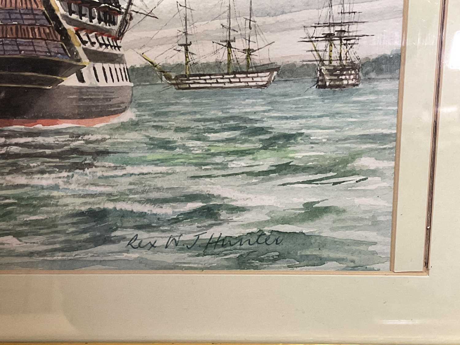 REX HUNTER; watercolour, masted vessel approaching harbour, signed, 28.5 x 41.4cm, and a Mark - Image 3 of 4