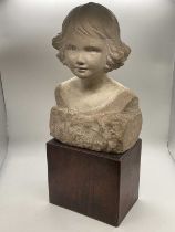 ALFREDA BERESFORD; a carved white marble bust of a young girl, signed and indistinctly dated,