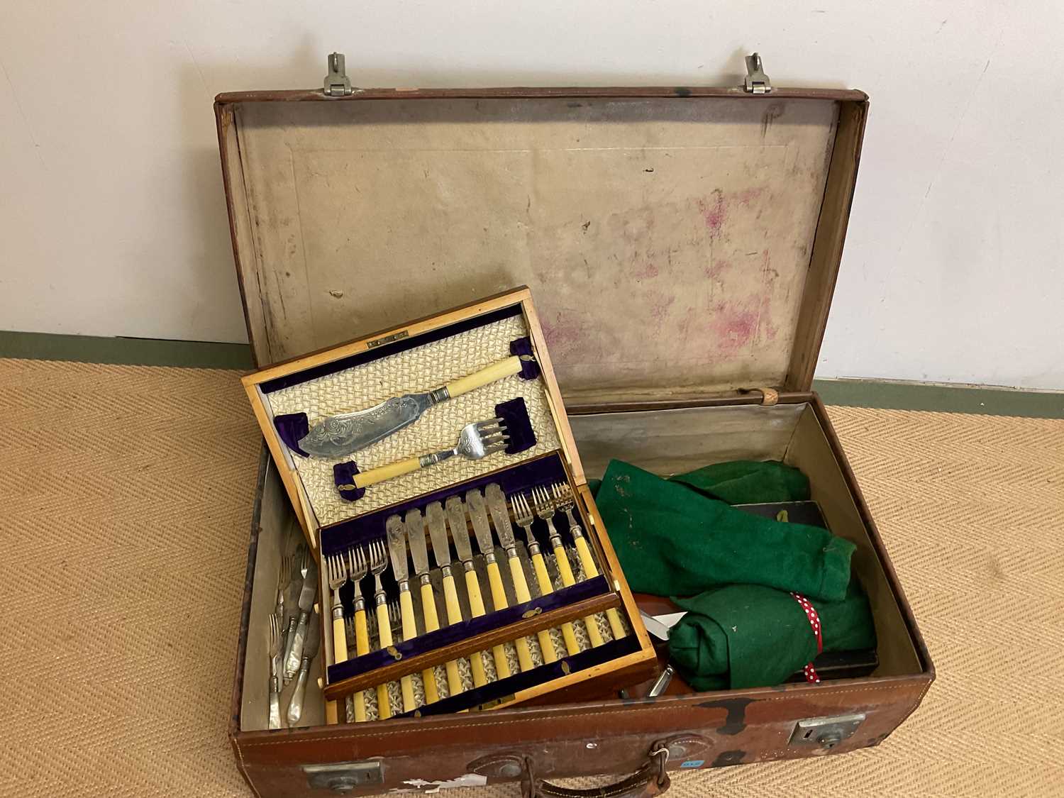 Two vintage leather suitcases containing silver plated items, including teapot, twin handled bowl, - Image 4 of 4