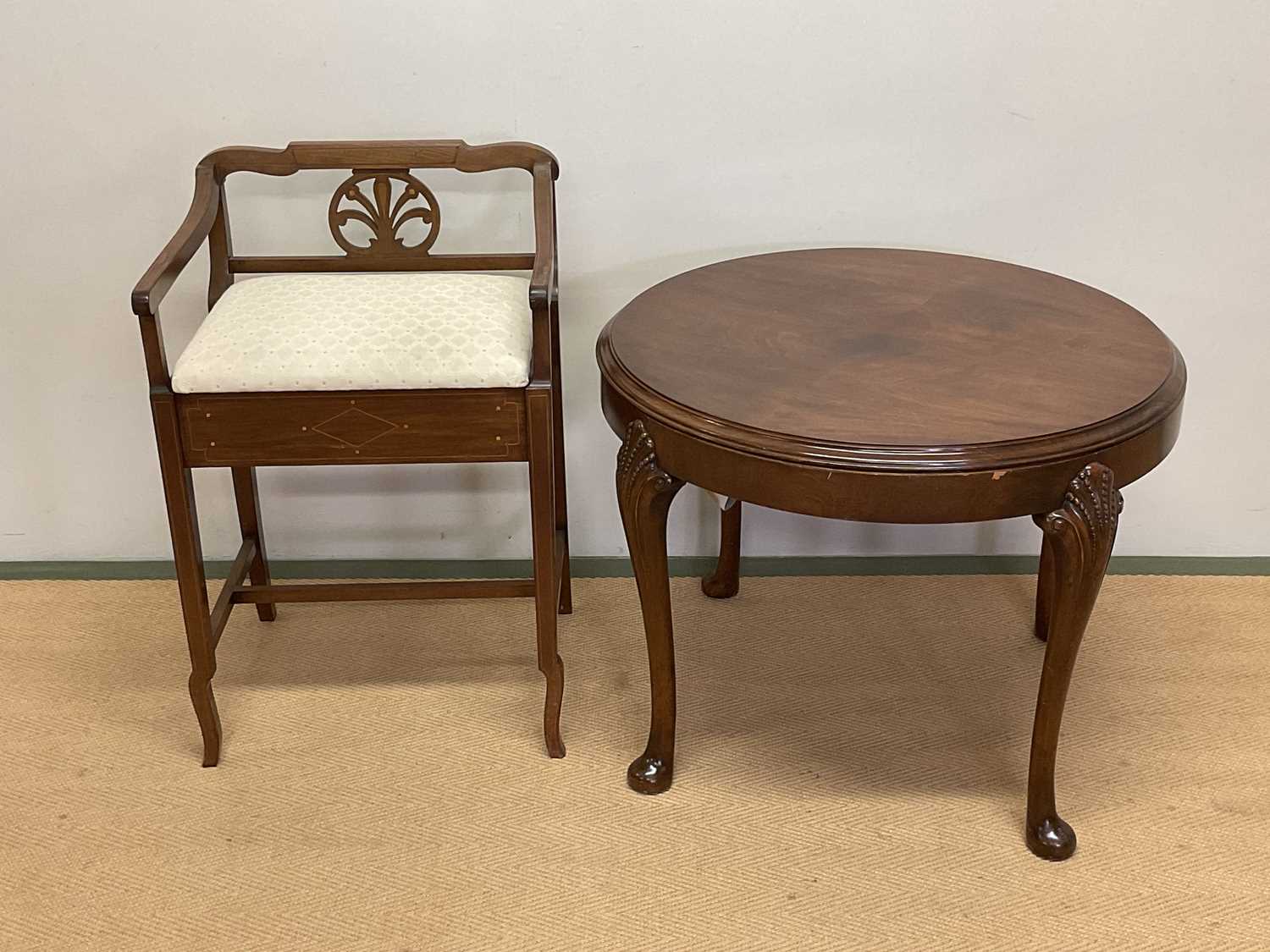 An Edwardian mahogany and line inlaid hinged seat musical stool and a reproduction circular