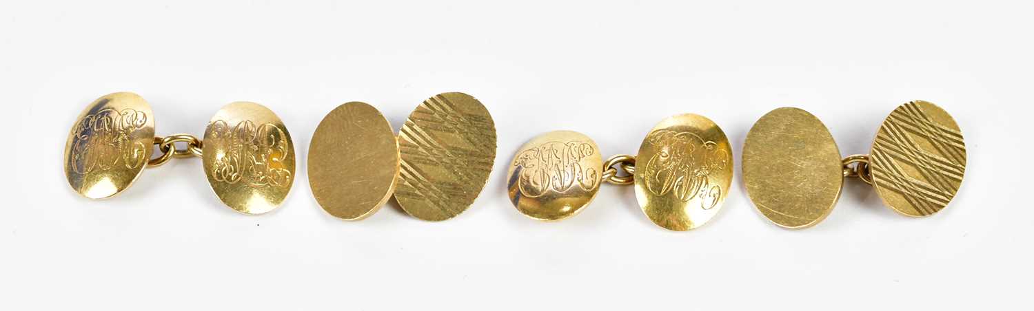 A pair of 18ct yellow gold cufflinks with engraved initials, 15.8g, and a pair of 9ct yellow gold