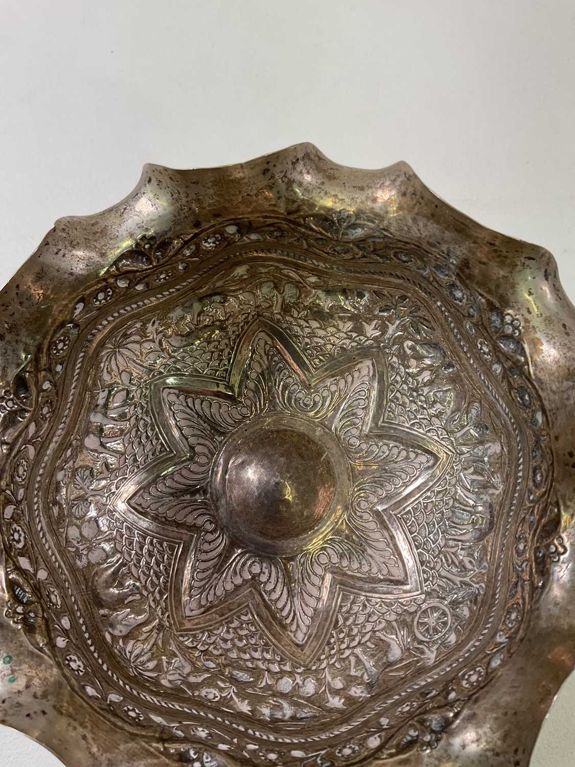 A large Indian silver embossed pedestal bowl with shaped rim, height 18cm, diameter 21cm, approx - Image 6 of 7