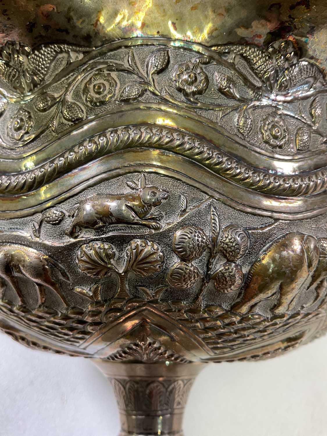 A large Indian silver embossed pedestal bowl with shaped rim, height 18cm, diameter 21cm, approx - Image 5 of 7