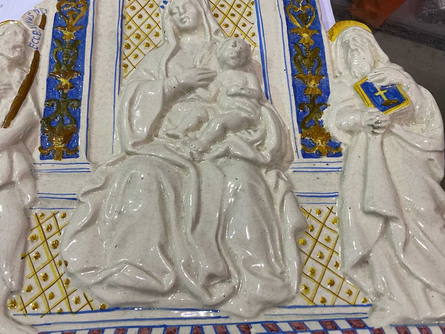 A 19th century Italian Maiolica plaque of Mary and Christ child, with St John the Baptist and St - Image 7 of 8