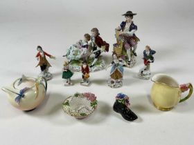 A collection of Continental porcelain figures and other decorative ceramics, tallest height 19cm (