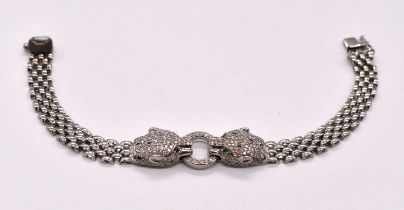 EFFY; a 14ct white gold diamond, black diamond, and emerald panther bracelet, length 16.5cm, approx.