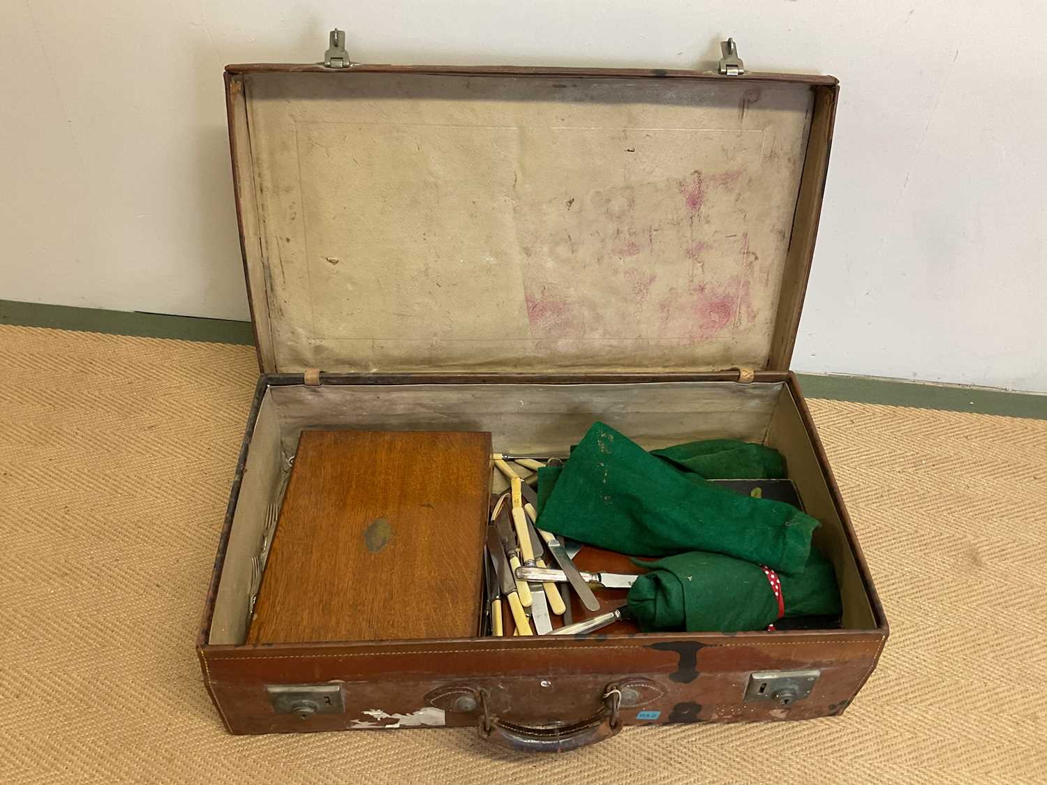 Two vintage leather suitcases containing silver plated items, including teapot, twin handled bowl, - Image 3 of 4