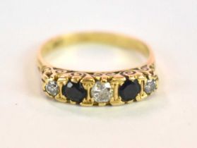 An 18ct yellow gold five stone diamond and sapphire ring, size O, approx. 4.1g.