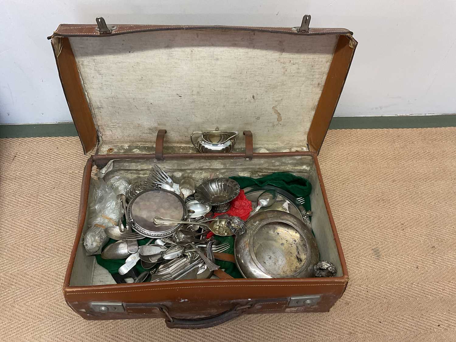 Two vintage leather suitcases containing silver plated items, including teapot, twin handled bowl, - Image 2 of 4