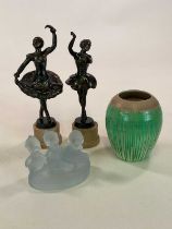 A pair of Art Deco style cast metal figures, a Shelley drip glazed vase, and a Walt Disney Huey,