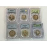 Six encapsulated coins, all with holograms and details from PCGS, comprising Canada 1953 50cents,