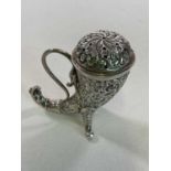 A Victorian hallmarked silver pounce pot of cornucopia form, with screw off cap, Birmingham 1888,