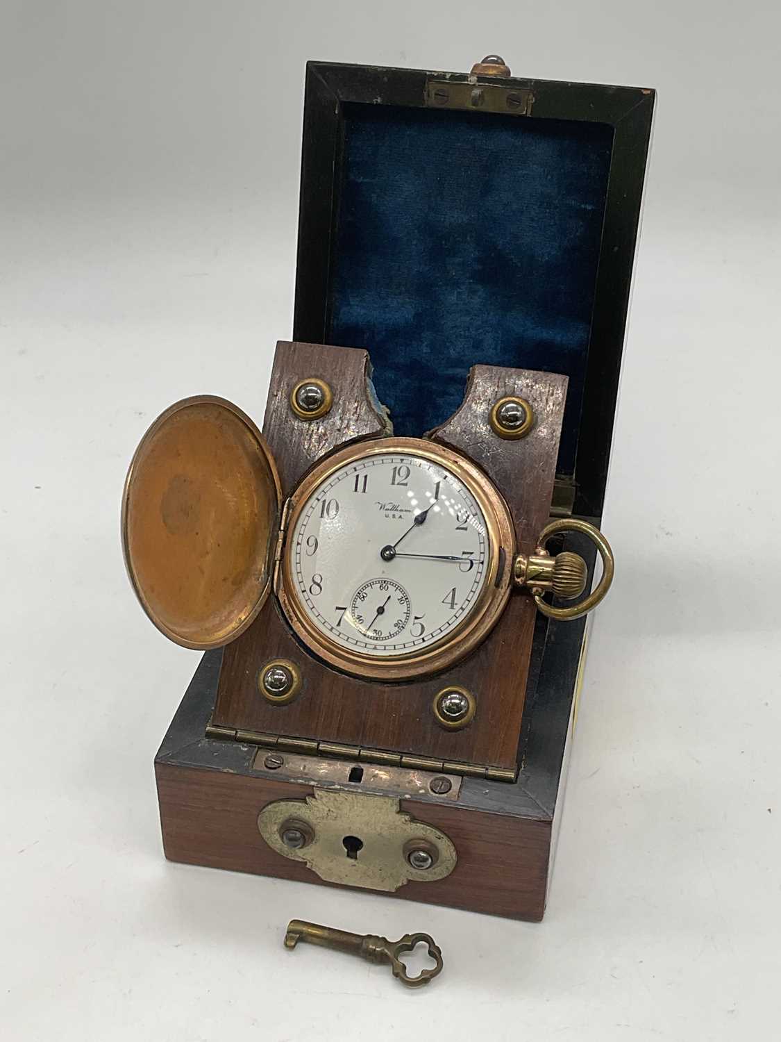 WALTHAM; an early 20th century gold plated crown wind full hunter pocket watch with Arabic