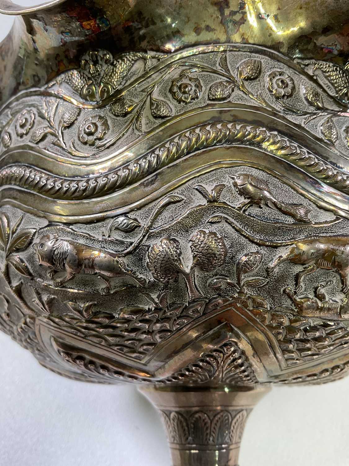 A large Indian silver embossed pedestal bowl with shaped rim, height 18cm, diameter 21cm, approx - Image 4 of 7