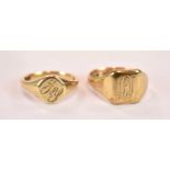 Two 9ct yellow gold signet rings, both with engraved initials to the platforms, sizes Q and O,