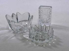 ORREFORS; two clear glass bowls, and a vase, all three pieces signed, the largest bowl diameter 16cm