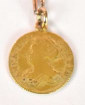 A Queen Anne half guinea, 1713, with ring loop attachment and now suspended on a 9ct gold chain,