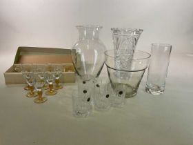 A quantity of mixed glass to include vases, crystal tumblers and vintage boxed amber stemmed wine