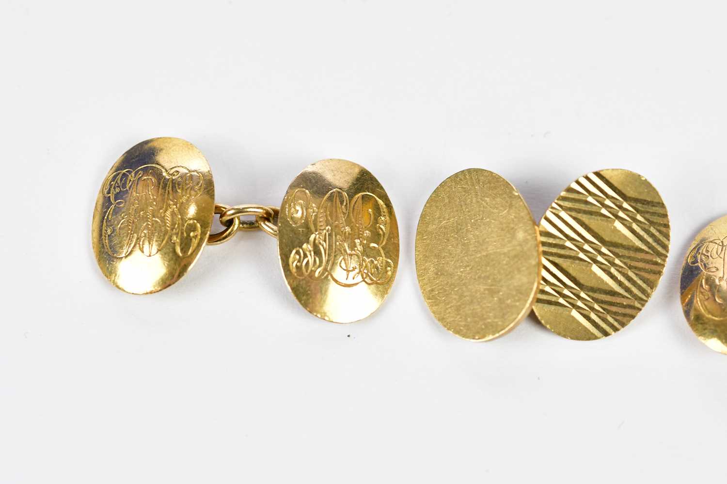 A pair of 18ct yellow gold cufflinks with engraved initials, 15.8g, and a pair of 9ct yellow gold - Image 2 of 3