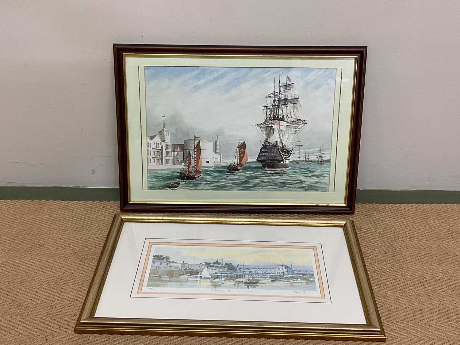 REX HUNTER; watercolour, masted vessel approaching harbour, signed, 28.5 x 41.4cm, and a Mark