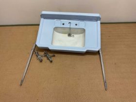 An early 20th century Art Deco blue ceramic sink with chrome taps and supports, width 93cm, depth