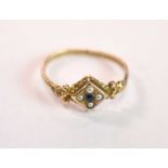 A 9ct yellow gold seed pearl and sapphire ring, size M, approx. 1.1g.