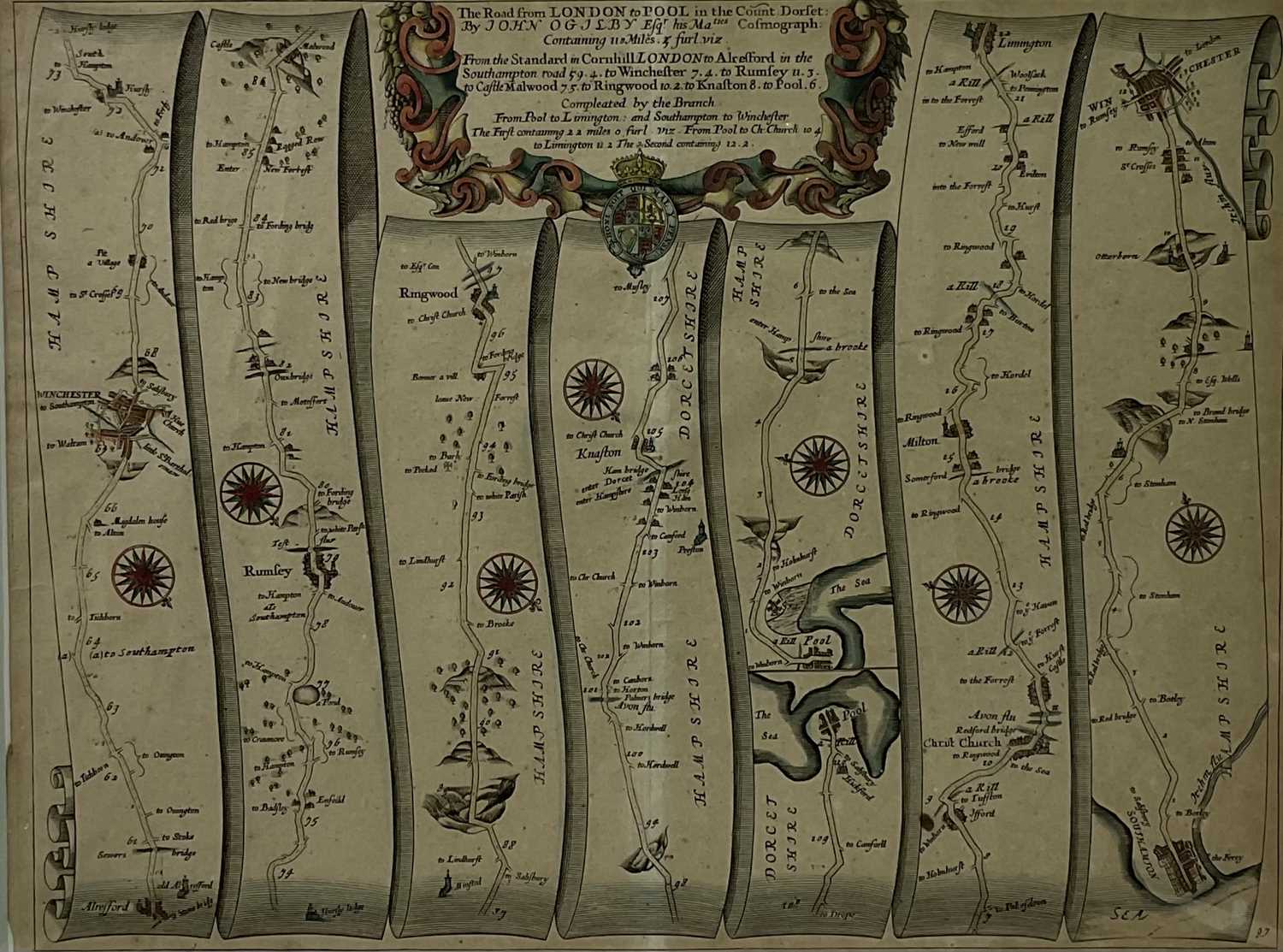 JOHN OGILBY (1600-1676), 'The Road from London to Pool, in the County of Dorset', coloured, 34 x