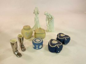 WEDGWOOD; a quantity of jasperware items including a small yellow ginger jar and trinket pot, dark