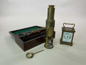 A mahogany cased brass Cuff type microscope, height of instrument 24.5cm, also a brass carriage