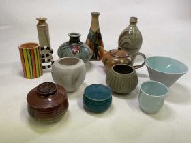 An interesting mixed group of studio ceramics, including vases, teapot, bowls, etc.