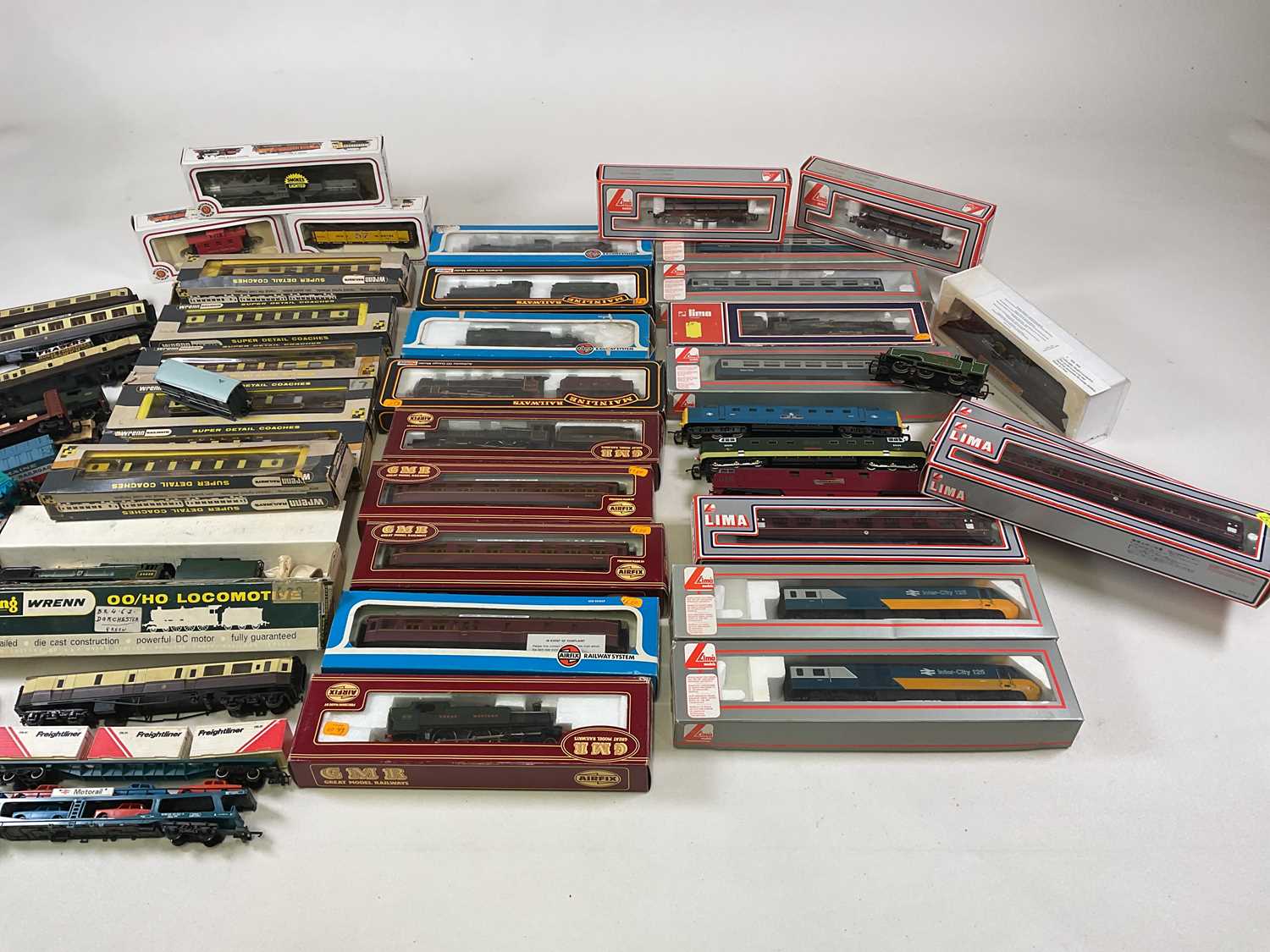 A large collection of Wrenn, Airfix, Bachmann and Lima trains, including a Wrenn Dorchester (