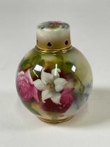 ROYAL WORCESTER; a floral painted globular pot pourri jar and cover with pierced detail to both