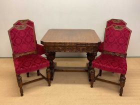 An oak draw-leaf dining table with well carved detail, length 90cm, width 90 cm unextended, and four