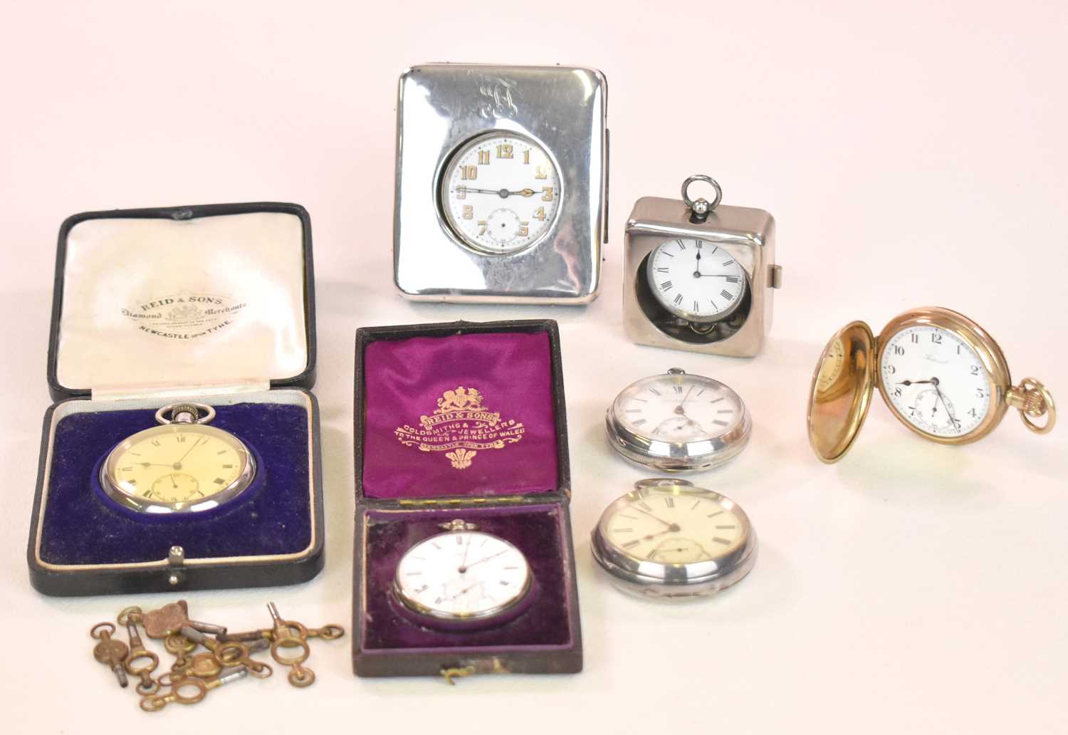 A group of five hallmarked silver open face pocket watches, a base metal pocket watch, a silver clad