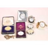 A group of five hallmarked silver open face pocket watches, a base metal pocket watch, a silver clad