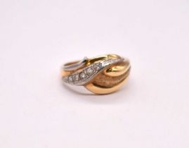 An 18ct yellow gold five stone diamond ring of swept crossover design, size N 1/2, approx. 4.6g.