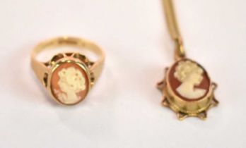 A 9ct yellow gold fine link chain suspending an oval cameo pendant, and a 9ct yellow gold and