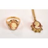 A 9ct yellow gold fine link chain suspending an oval cameo pendant, and a 9ct yellow gold and