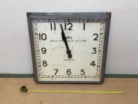 SMITHS; an industrial English Clock Systems London square wall clock with metal and glazed case, the