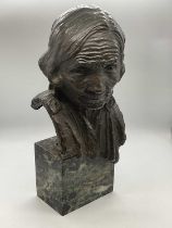 ALFREDA BERESFORD; bronze bust portrait of a Native American mounted on a green marble base, bearing
