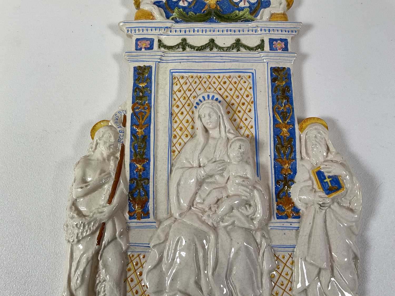 A 19th century Italian Maiolica plaque of Mary and Christ child, with St John the Baptist and St - Image 2 of 8