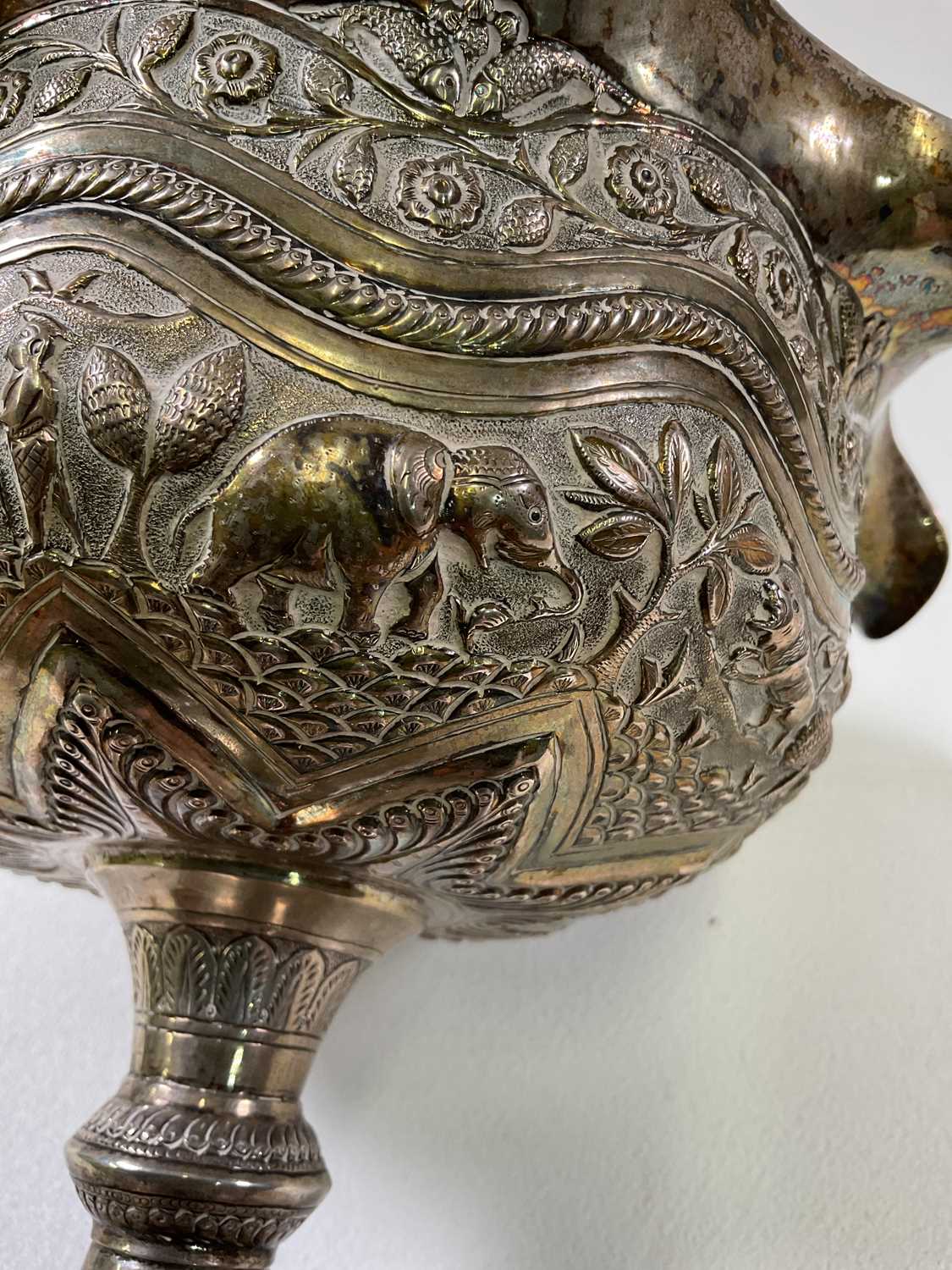 A large Indian silver embossed pedestal bowl with shaped rim, height 18cm, diameter 21cm, approx - Image 3 of 7