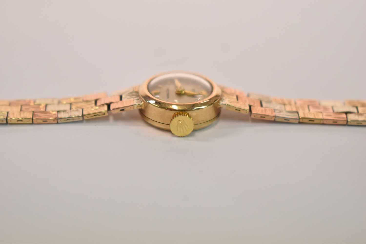 ROLEX; a lady's 9ct yellow gold wristwatch with tricolour bracelet and engraved inscription to - Image 3 of 5